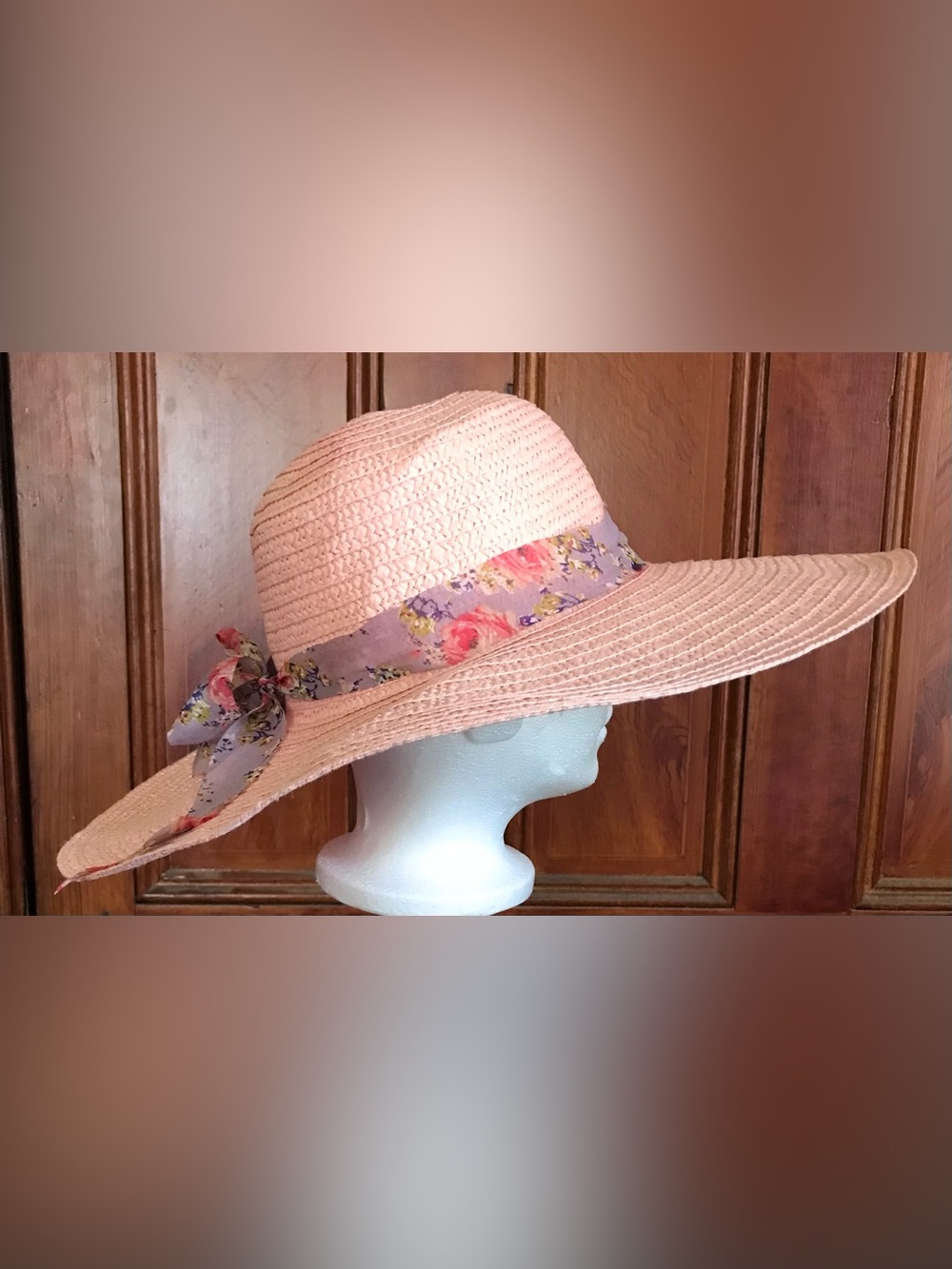Vintage Pink Boho Wide-Brimmed Spring Summer Hat with Floral Bow